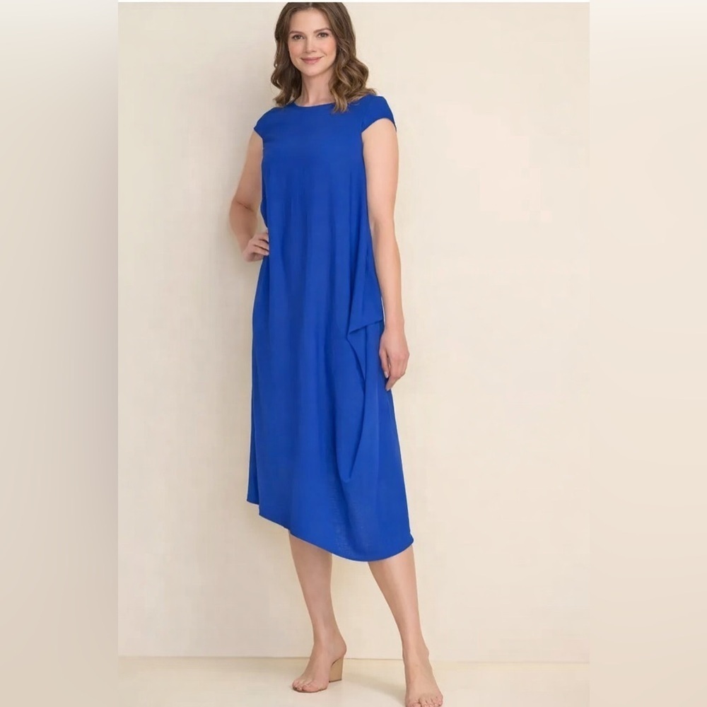 Joseph Ribkoff Size 14 XL Contemporary Draped Dress Blue New Modern Cap Sleeves